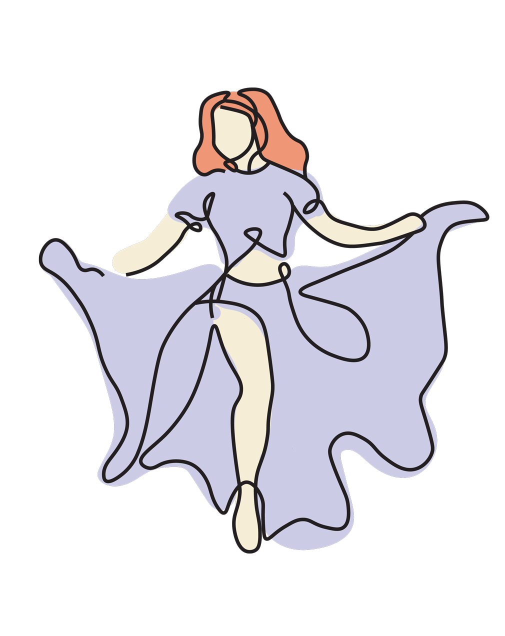 Line art of a woman dancing in a blue dress